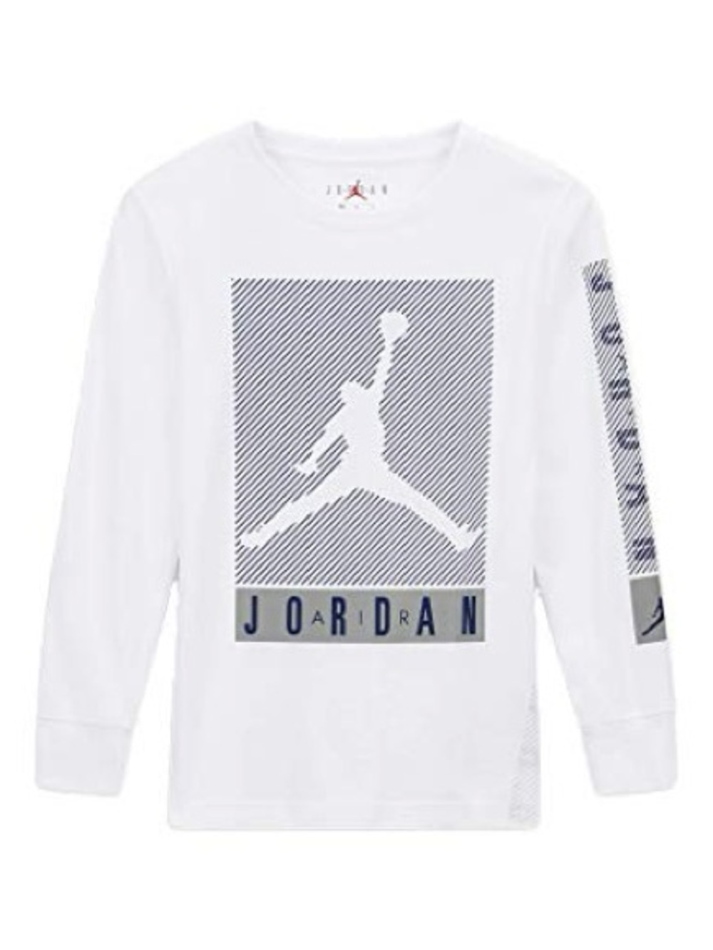 Jordan White Long Sleeve Tee with Navy Graphic Jumpman